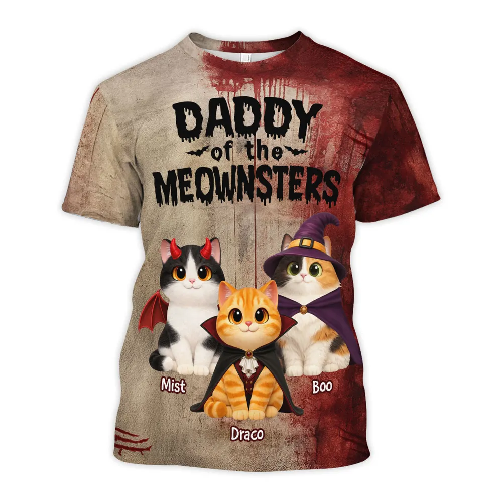Mommy Daddy Of The Meownsters Cats - Personalized All-Over Print T-Shirt - Halloween Gift for Cat Lovers, Cat Mom, Cat Dad