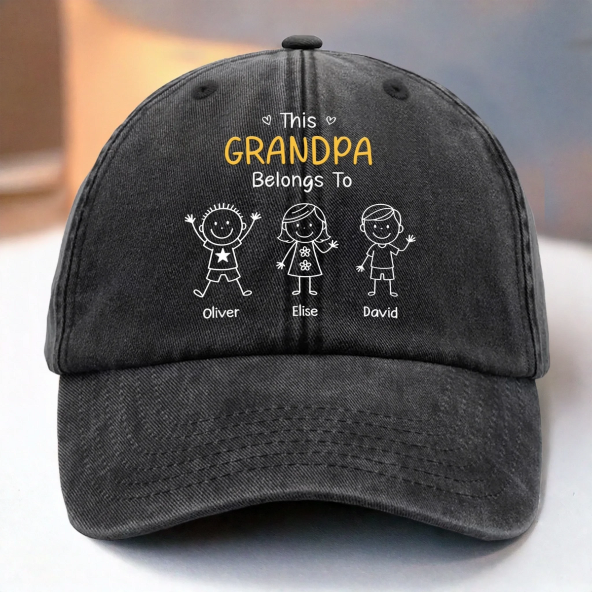 This Grandpa Belongs To - Personalized Custom Vintage Washed Denim Cap - Gift for Dad, Papa, or Grandpa