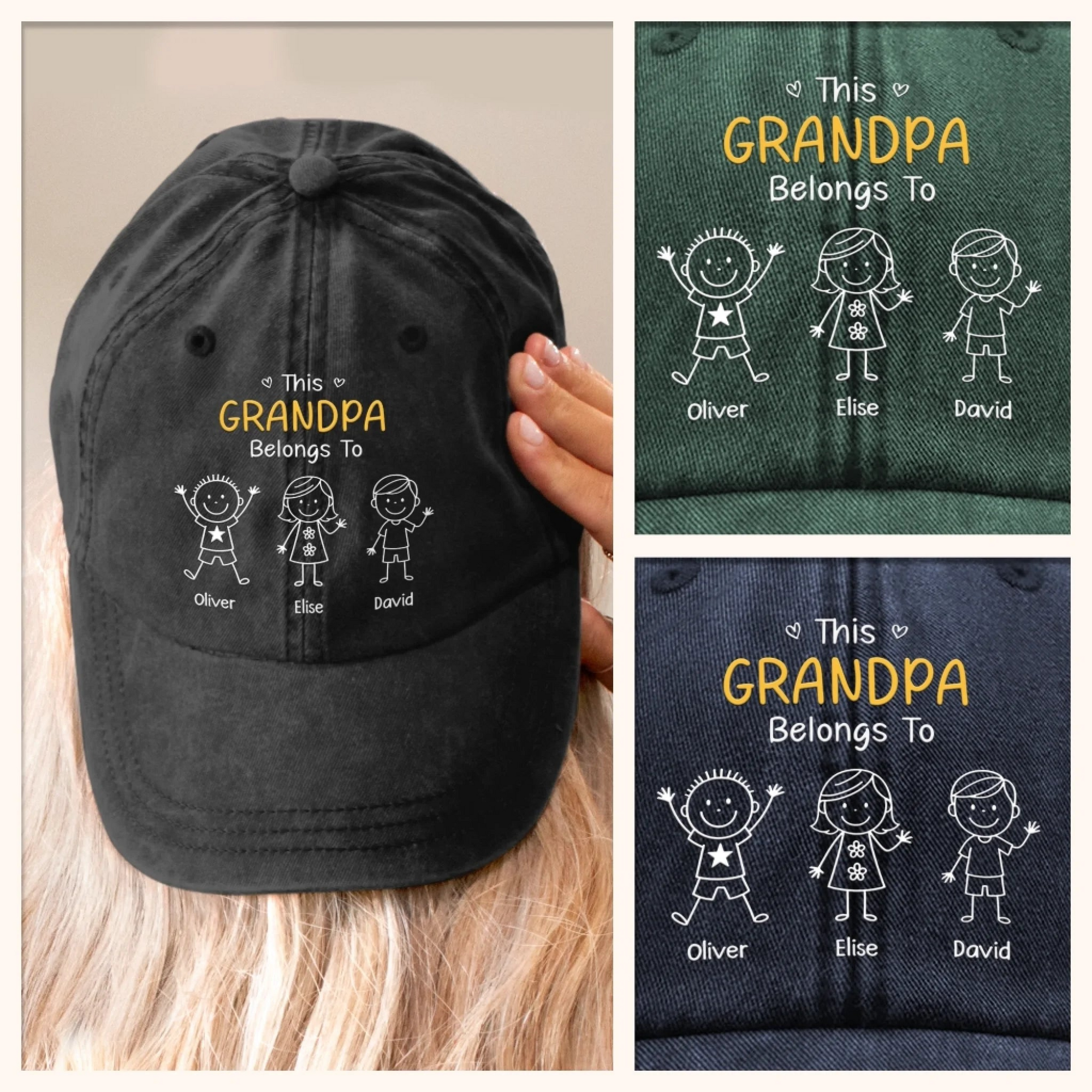 This Grandpa Belongs To - Personalized Custom Vintage Washed Denim Cap - Gift for Dad, Papa, or Grandpa