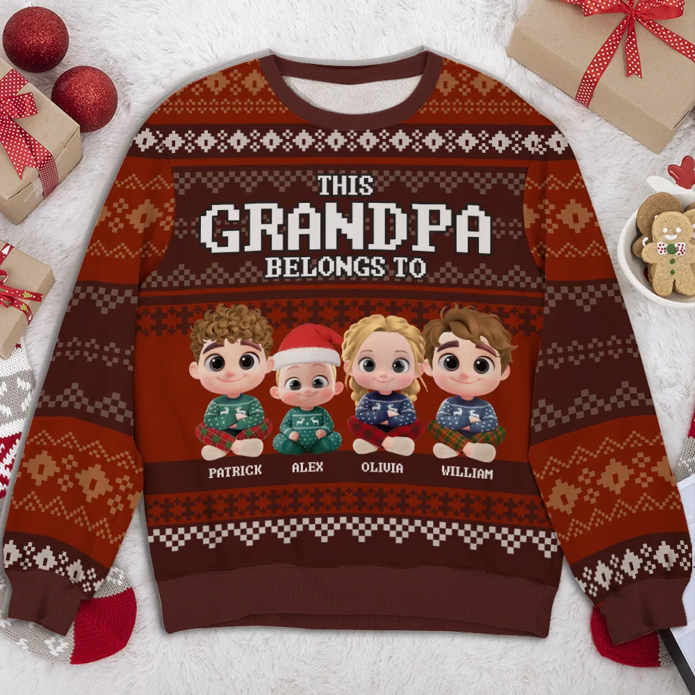 This Grandpa Belongs To Grandkids - Personalized Custom Ugly Sweater - Christmas Gift For Grandpa, Papa, Grandparents