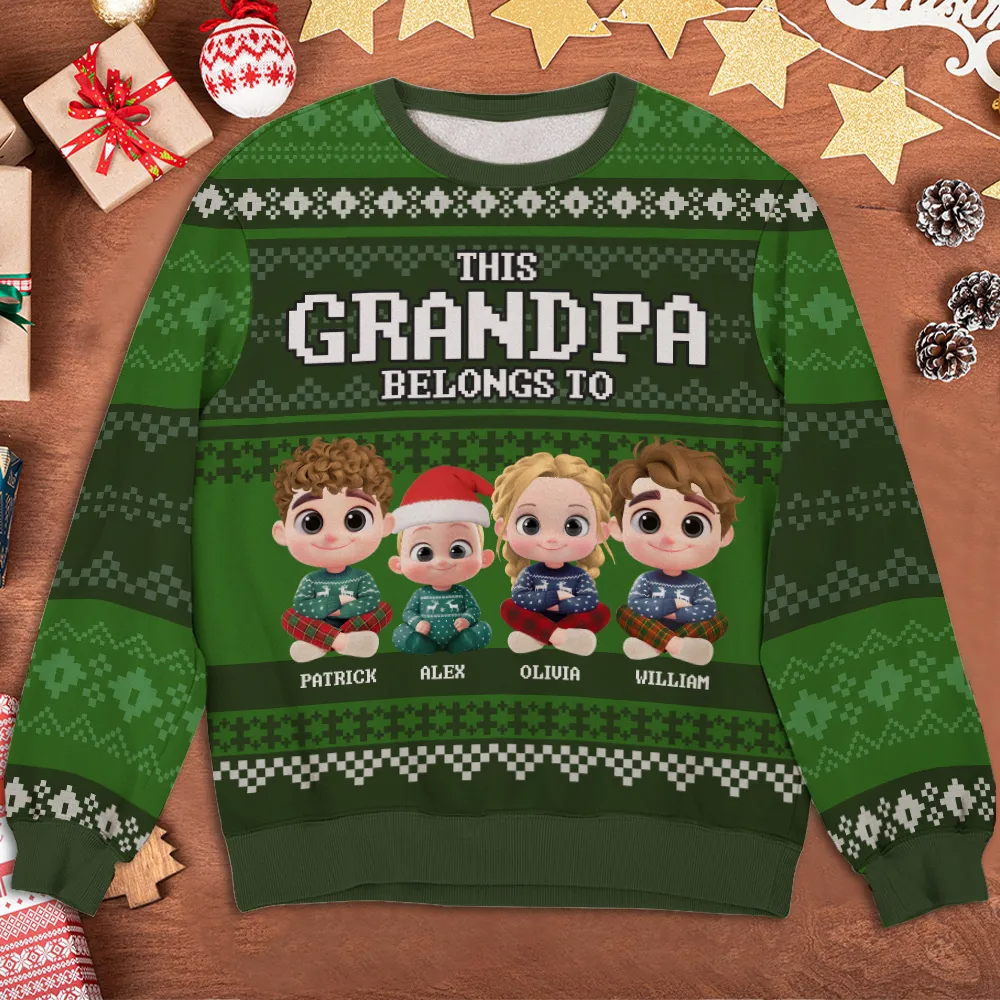 This Grandpa Belongs To Grandkids - Personalized Custom Ugly Sweater - Christmas Gift For Grandpa, Papa, Grandparents