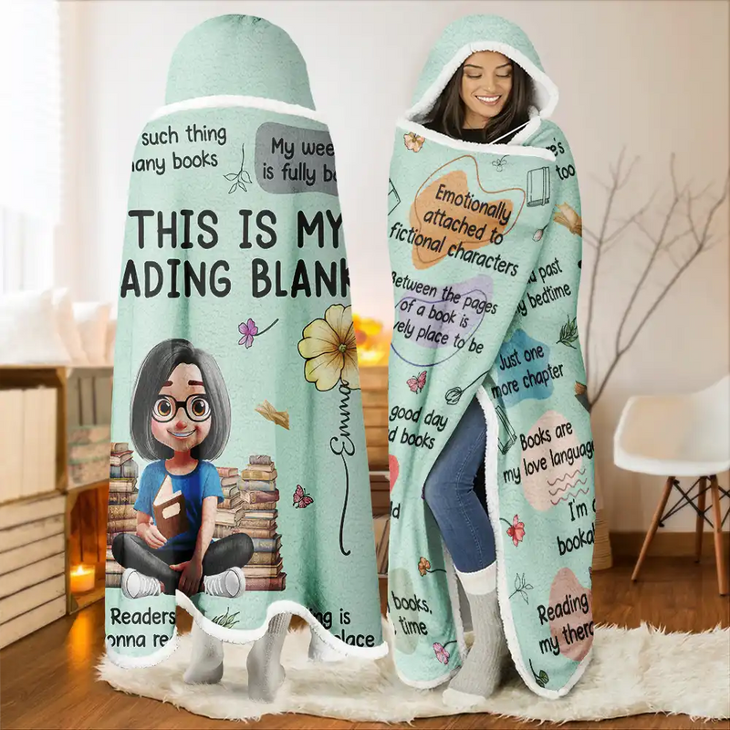 My Reading Blanket Reading Girl With Birth Month Flower - Personalized Wearable Hooded Blanket - Gift For Book Lovers, Bookworms, Readers