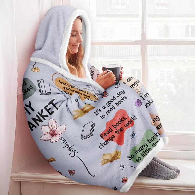My Reading Blanket Reading Girl With Birth Month Flower - Personalized Wearable Hooded Blanket - Gift For Book Lovers, Bookworms, Readers