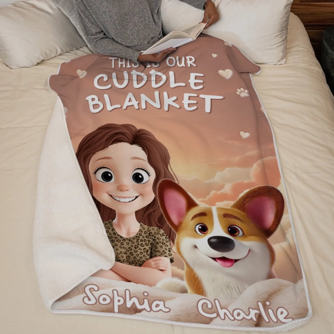 Personalized This Is Our Cuddle Blanket Dog Lovers fleece blanket, spread across a bed