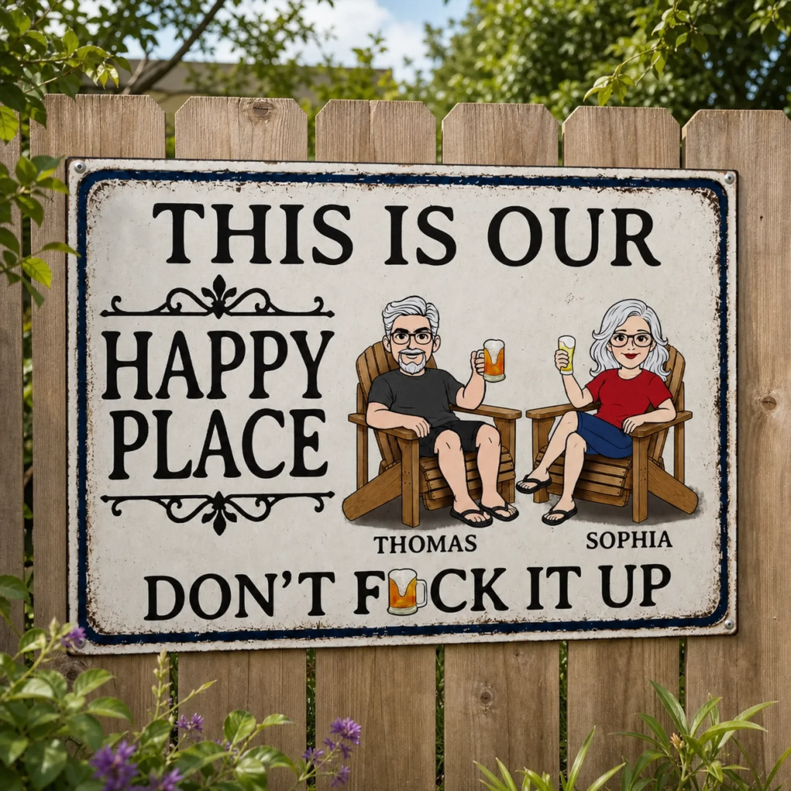 This Is Our Happy Place - Personalized Metal Sign - Summer Vacation And Travel Gifts For Husband And Wife, Him And Her
