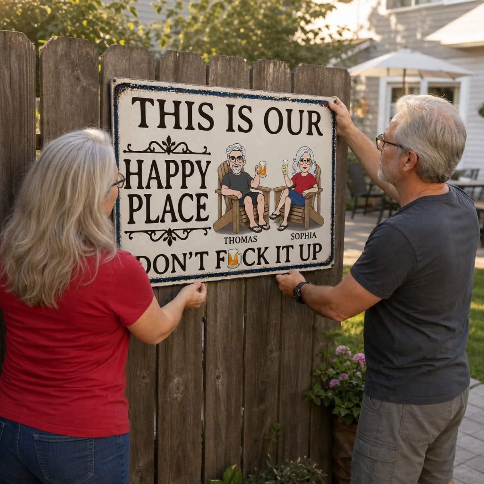 This Is Our Happy Place - Personalized Metal Sign - Summer Vacation And Travel Gifts For Husband And Wife, Him And Her