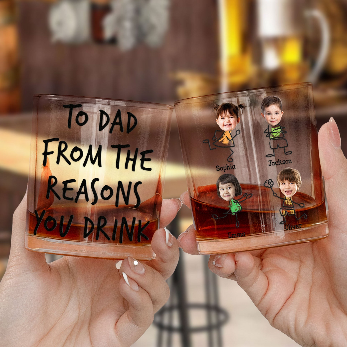 Custom Photo To Dad From The Reasons You Drink - Personalized Whiskey Glass - Father's Day Gift for Dad, Daddy, Grandpa