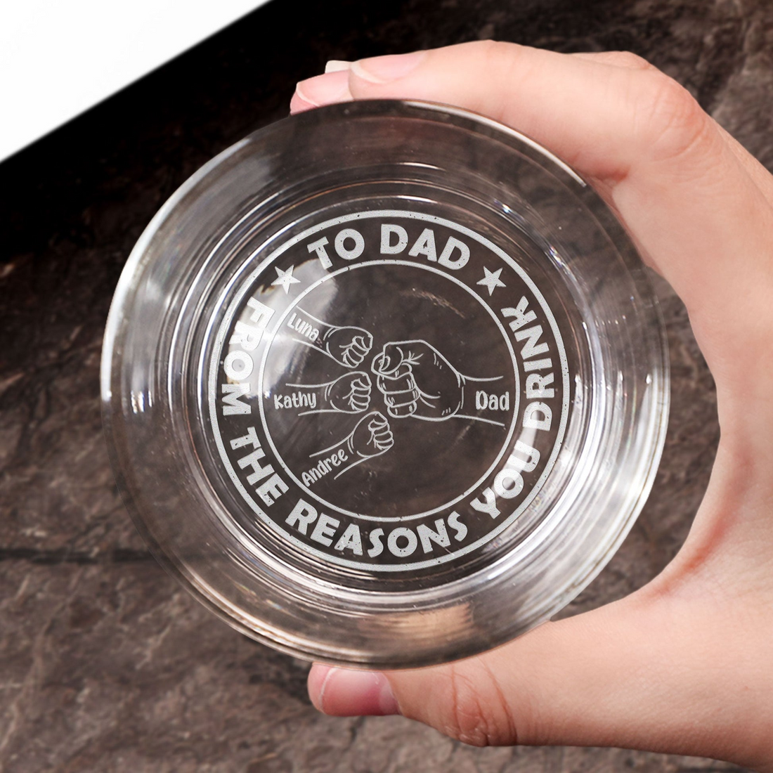 Personalized To Dad From The Reasons You Drink engraved whiskey glass, alternate view 4