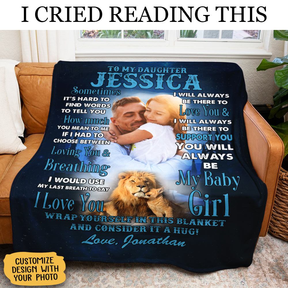 Personalized Custom Photo To My Daughter Lion Dad Mom fleece blanket, spread across a bed