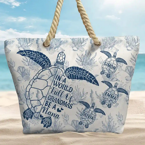 Toile De Jouy World Full Of Grandmas – Personalized Beach Bag - Gift for Grandma, Nana, Mimi, Grammy
