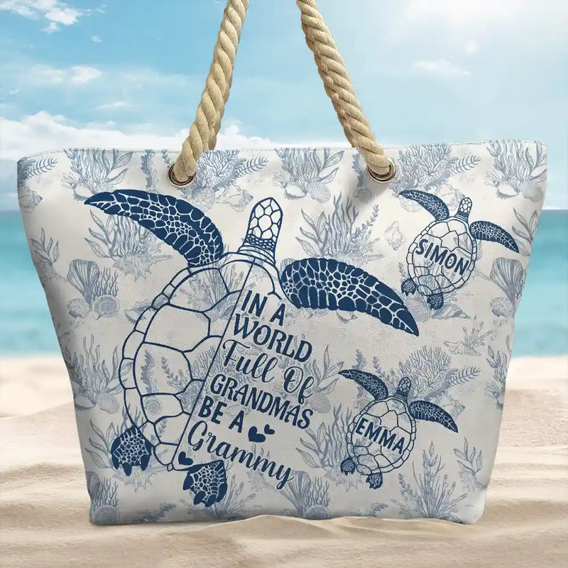 Toile De Jouy World Full Of Grandmas – Personalized Beach Bag - Gift for Grandma, Nana, Mimi, Grammy