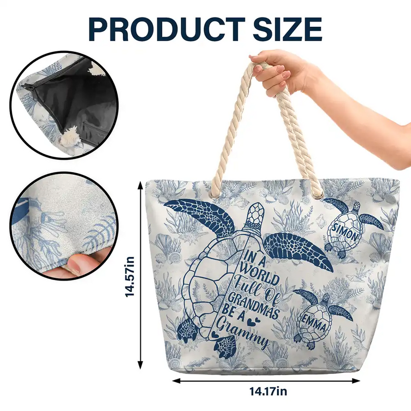 Toile De Jouy World Full Of Grandmas – Personalized Beach Bag - Gift for Grandma, Nana, Mimi, Grammy