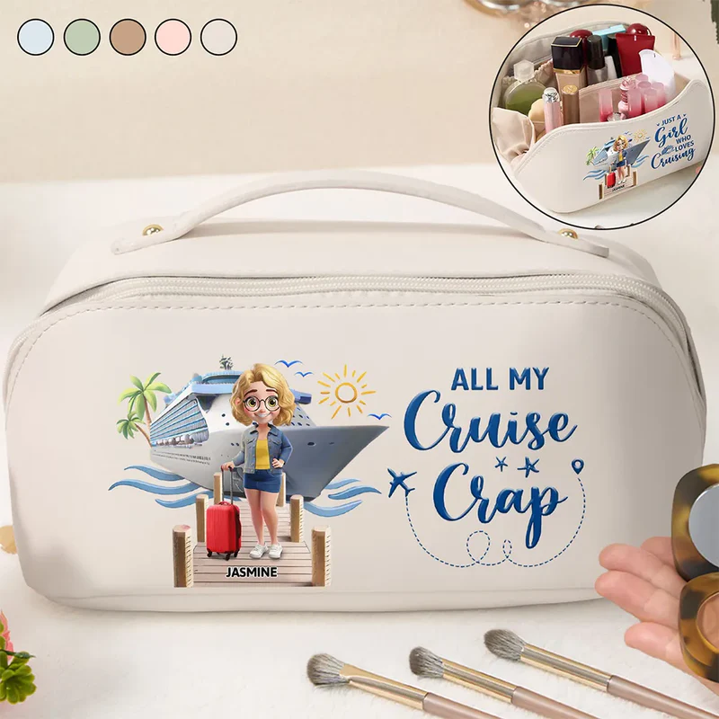 Travel All My Cruise Crap – Personalized Leather Makeup Bag - Gift for Her, Wife, Mom, Traveling Lovers