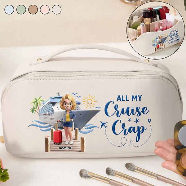 Travel All My Cruise Crap – Personalized Leather Makeup Bag - Gift for Her, Wife, Mom, Traveling Lovers
