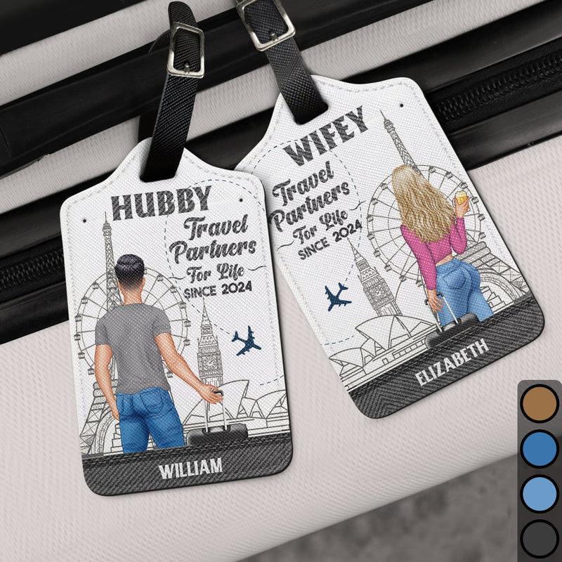 Couple Hubby & Wifey Travel Partners For Life - Personalized Luggage Tag - Gift For Couple, Him, Her, Traveling Lovers