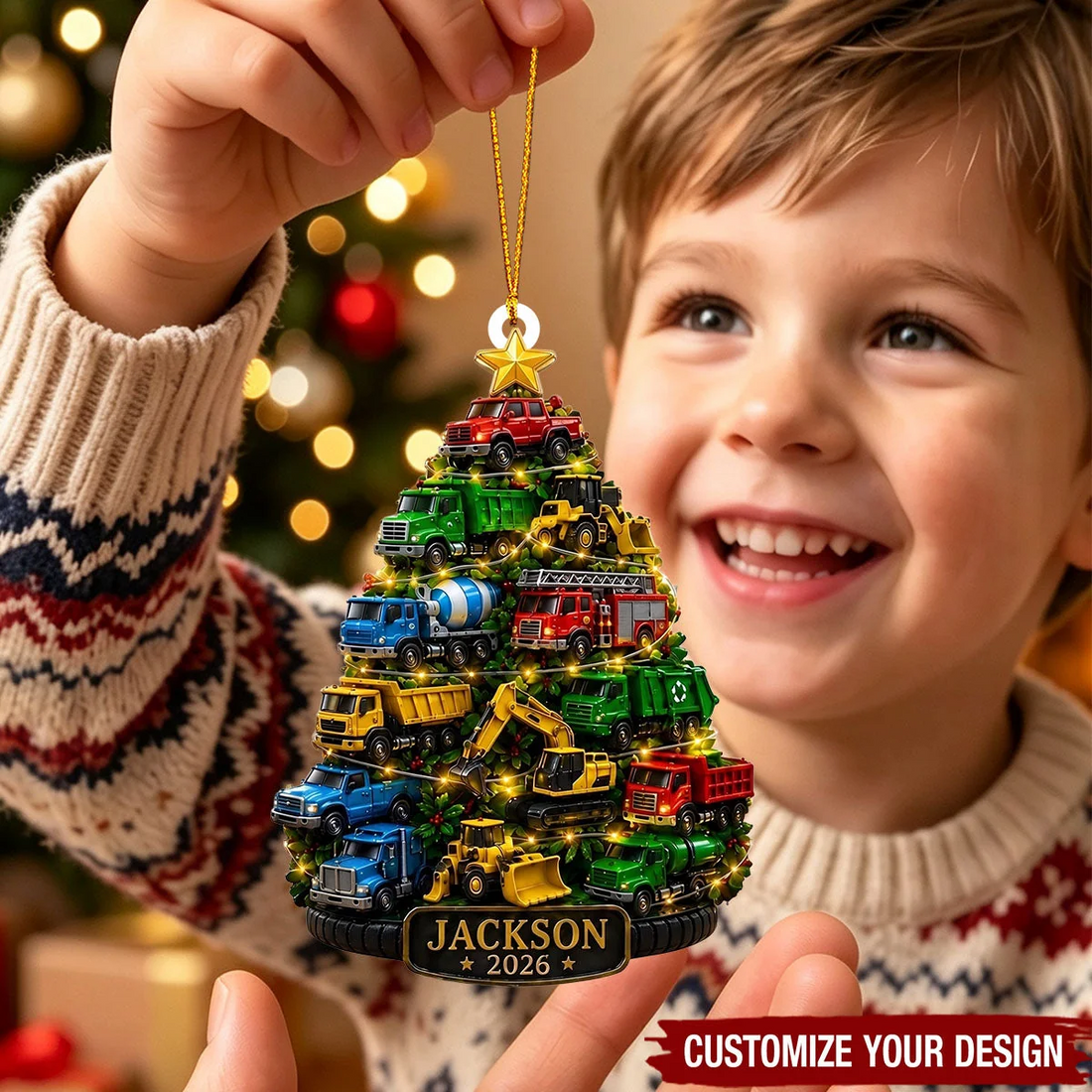 Colorful construction-truck Christmas tree acrylic ornament with child name, alternate view 3