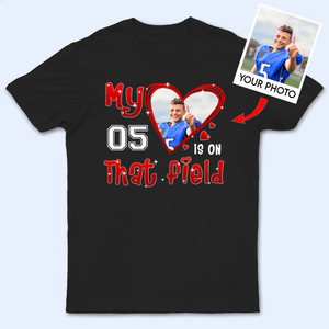 Custom Photo My Heart Is On That Field/Line/Court/Track with Number of Player - Personalized T Shirt - Birthday, Loving, Funny Sports Gift for Grandma/Nana/Mimi, Mom, Wife, Grandparent - Suzitee Store
