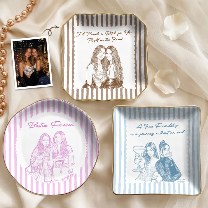 Custom Photo Friendship Stripe Vintage Cottage - Personalized Jewelry Dish - Gift For Her, Besties, Friends, Sisters
