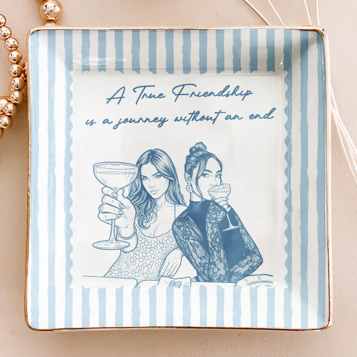 Custom Photo Friendship Stripe Vintage Cottage - Personalized Jewelry Dish - Gift For Her, Besties, Friends, Sisters