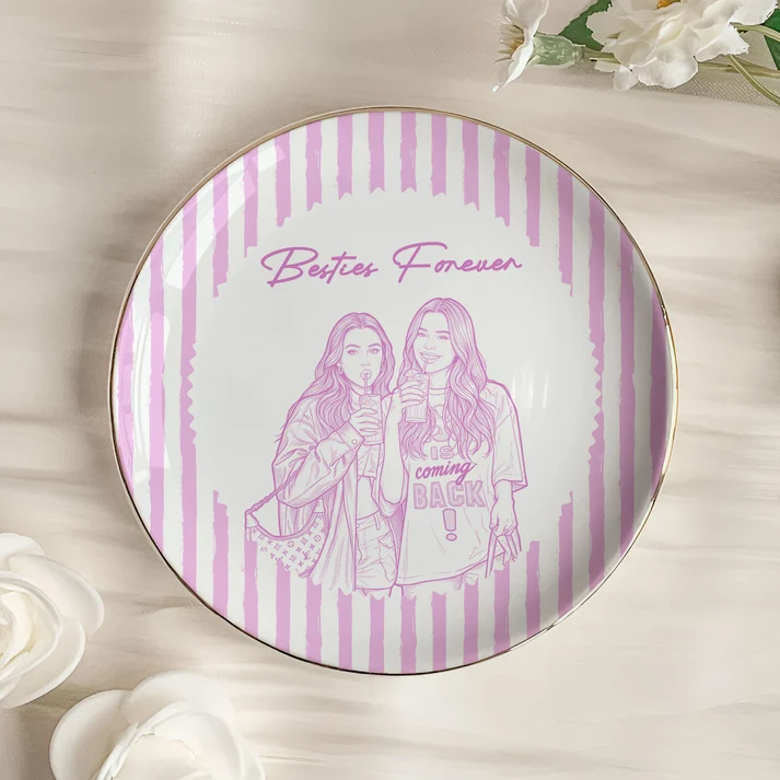 Custom Photo Friendship Stripe Vintage Cottage - Personalized Jewelry Dish - Gift For Her, Besties, Friends, Sisters