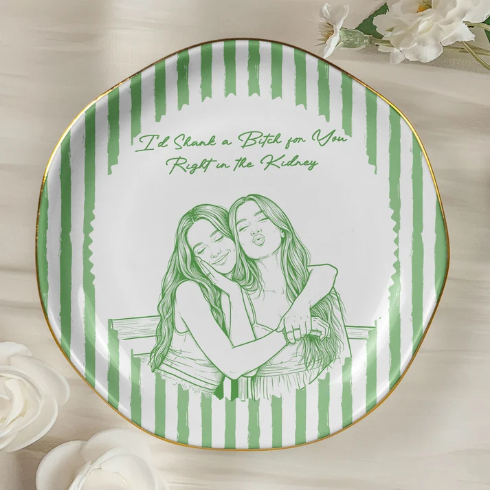 Custom Photo Friendship Stripe Vintage Cottage - Personalized Jewelry Dish - Gift For Her, Besties, Friends, Sisters