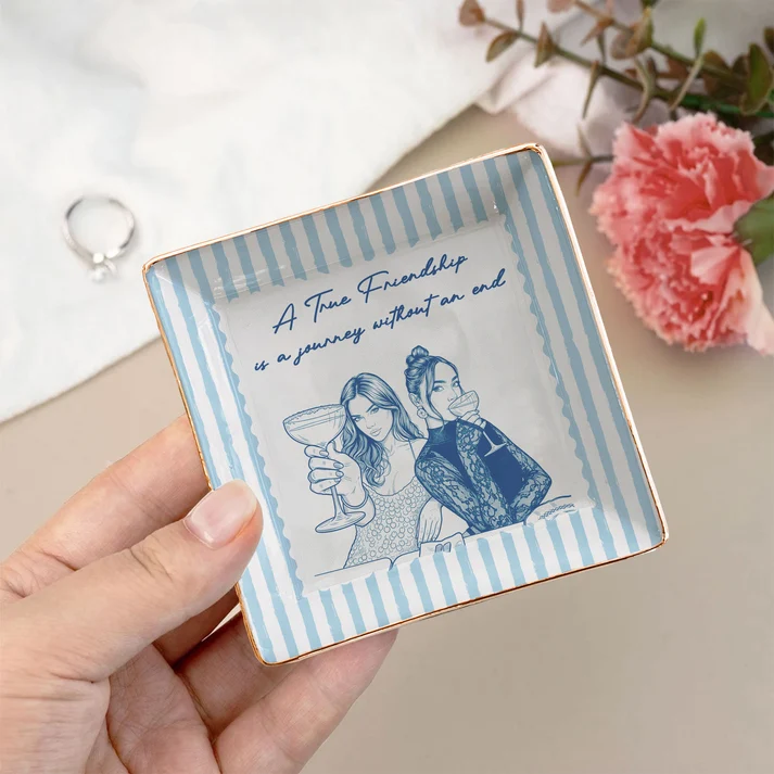 Custom Photo Friendship Stripe Vintage Cottage - Personalized Jewelry Dish - Gift For Her, Besties, Friends, Sisters