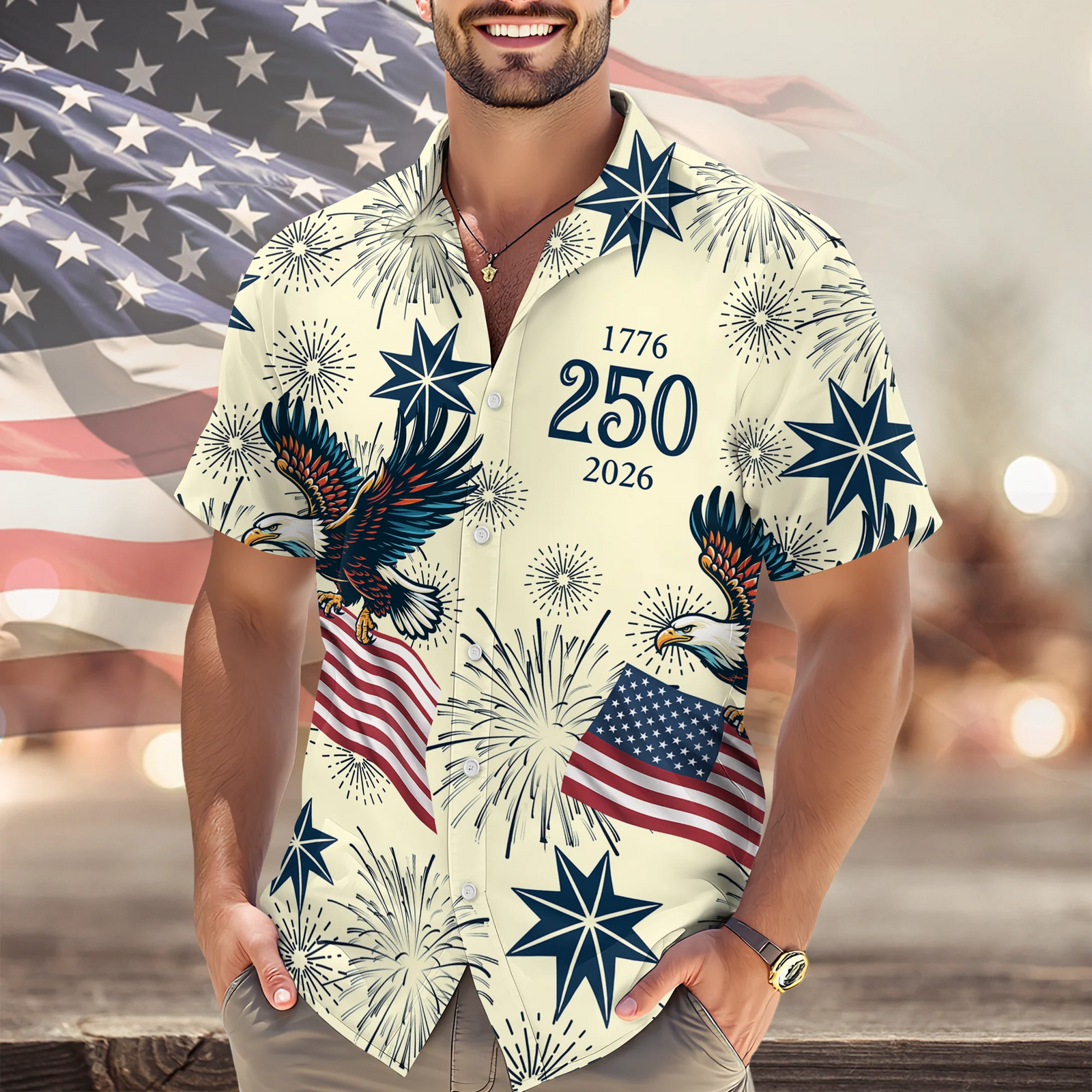 USA 250 Anniversary Eagle 1776-2026 - Personalized Hawaiian Shirt - America 250th Anniversary Gift for Dad, Papa, or Grandpa