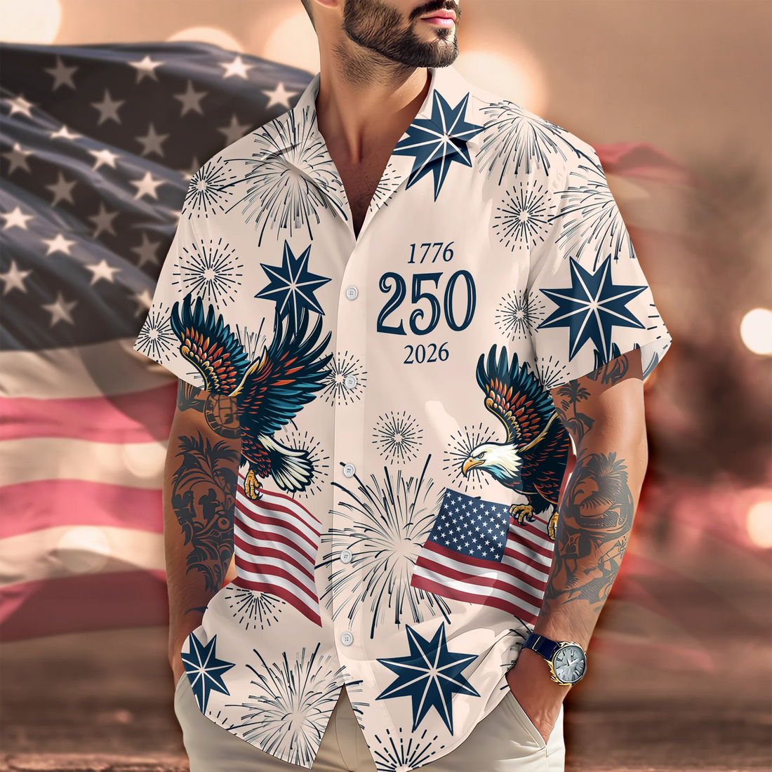 Personalized USA 250 Anniversary Eagle 1776-2026 Hawaiian shirt, alternate view 3