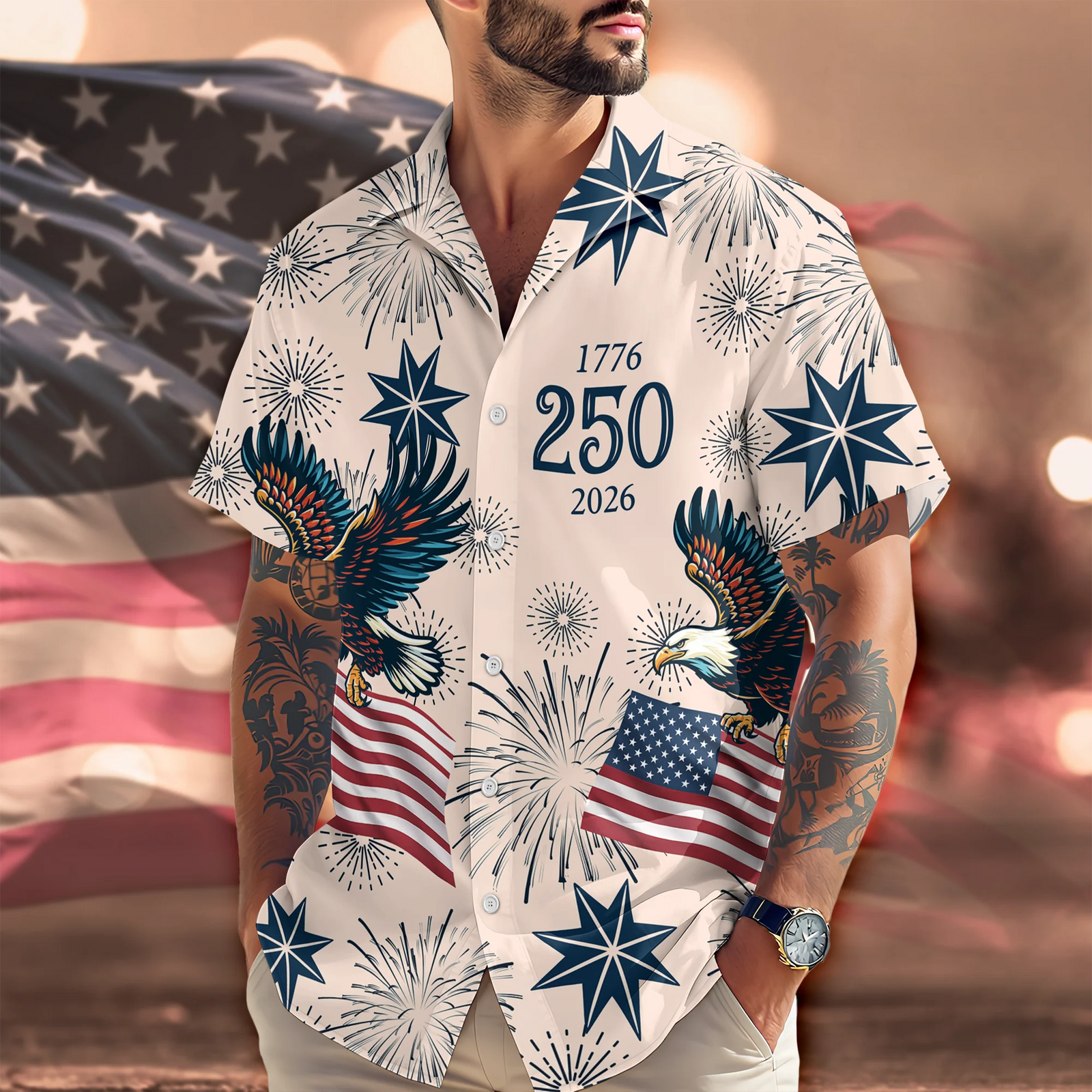 USA 250 Anniversary Eagle 1776-2026 - Personalized Hawaiian Shirt - America 250th Anniversary Gift for Dad, Papa, or Grandpa
