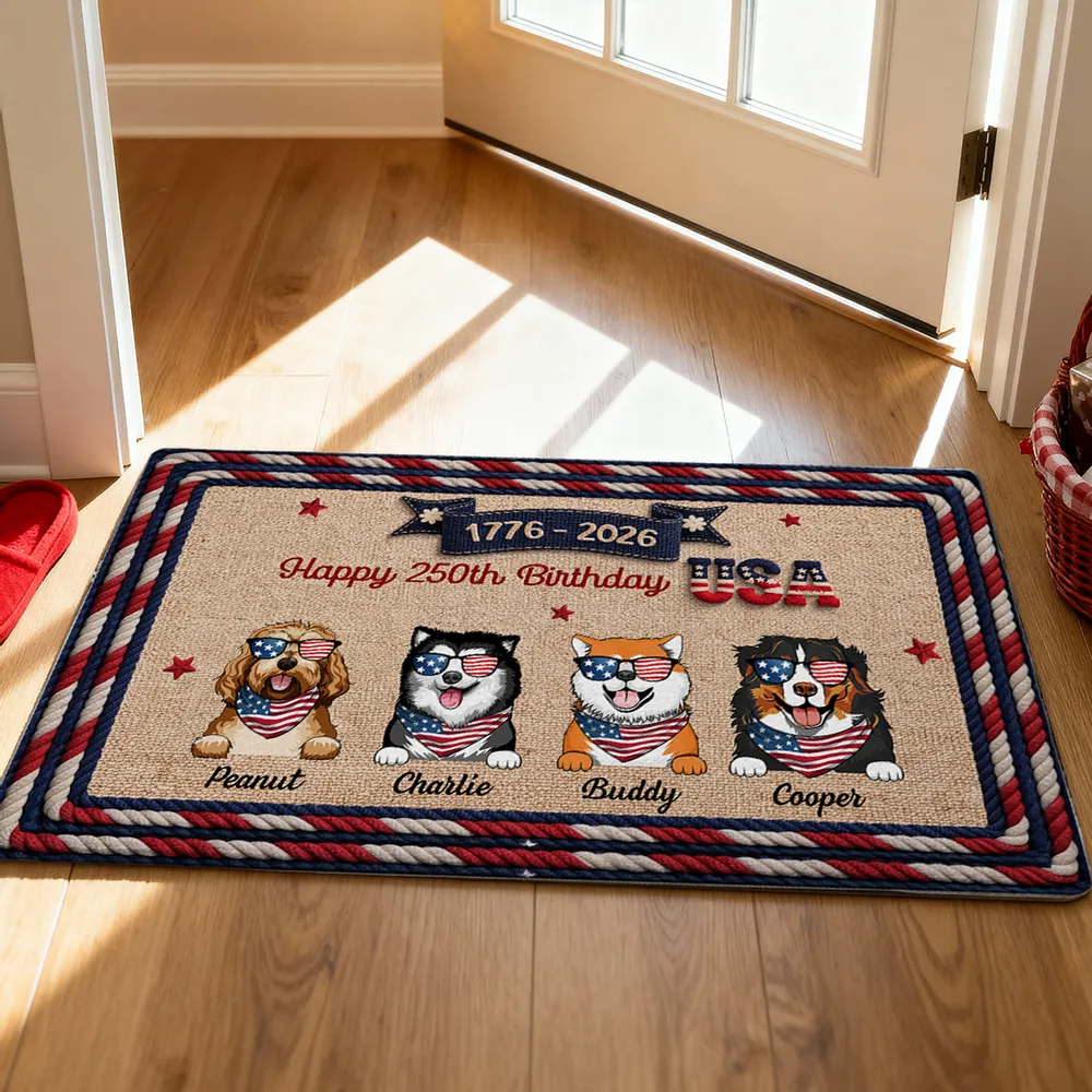 USA 250th Birthday Patriotic Flag Dog Faux Yarn Pattern - Personalized Doormat - America 250th Anniversary Gift for Dog Lovers, Dog Mom, Dog Dad