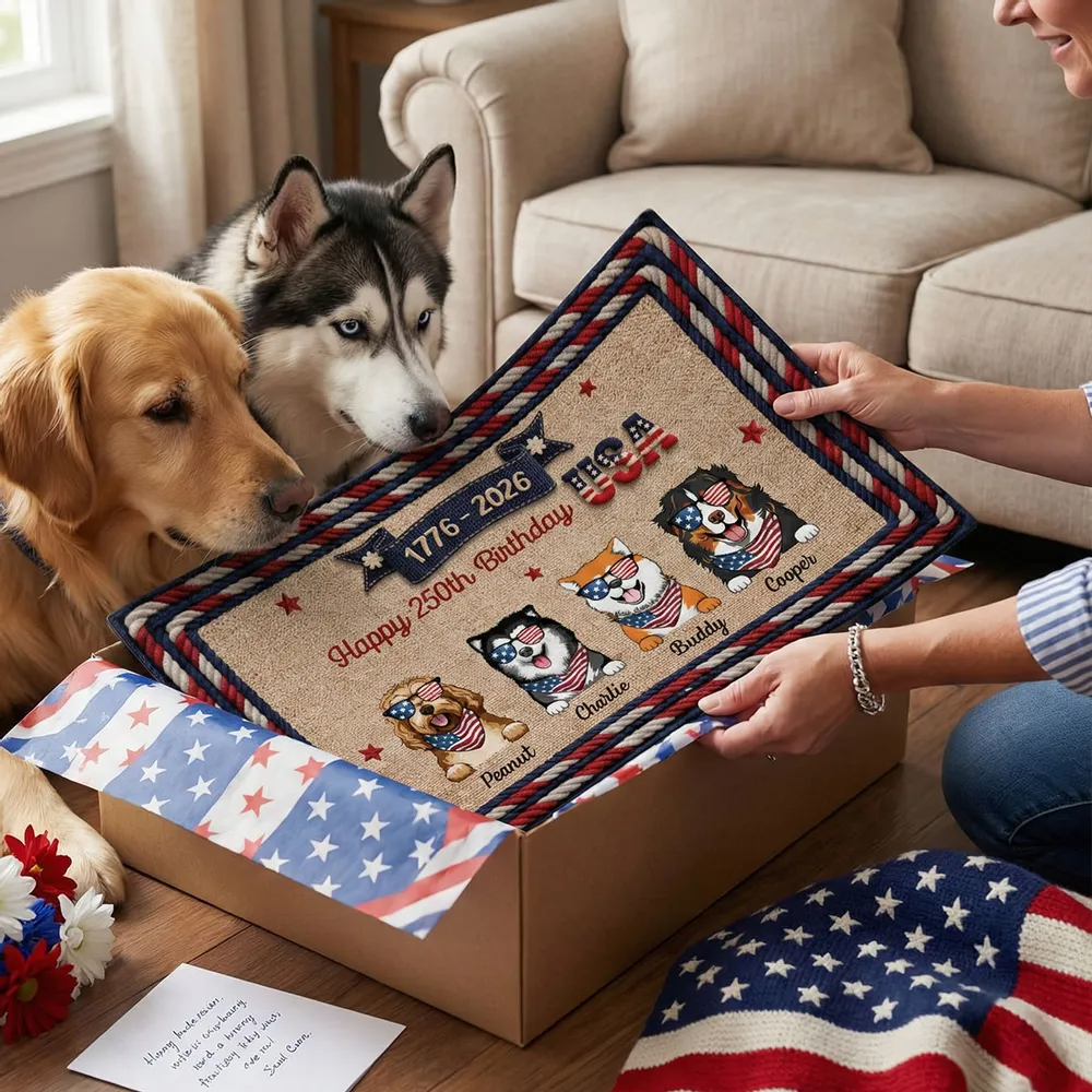 USA 250th Birthday Patriotic Flag Dog Faux Yarn Pattern - Personalized Doormat - America 250th Anniversary Gift for Dog Lovers, Dog Mom, Dog Dad