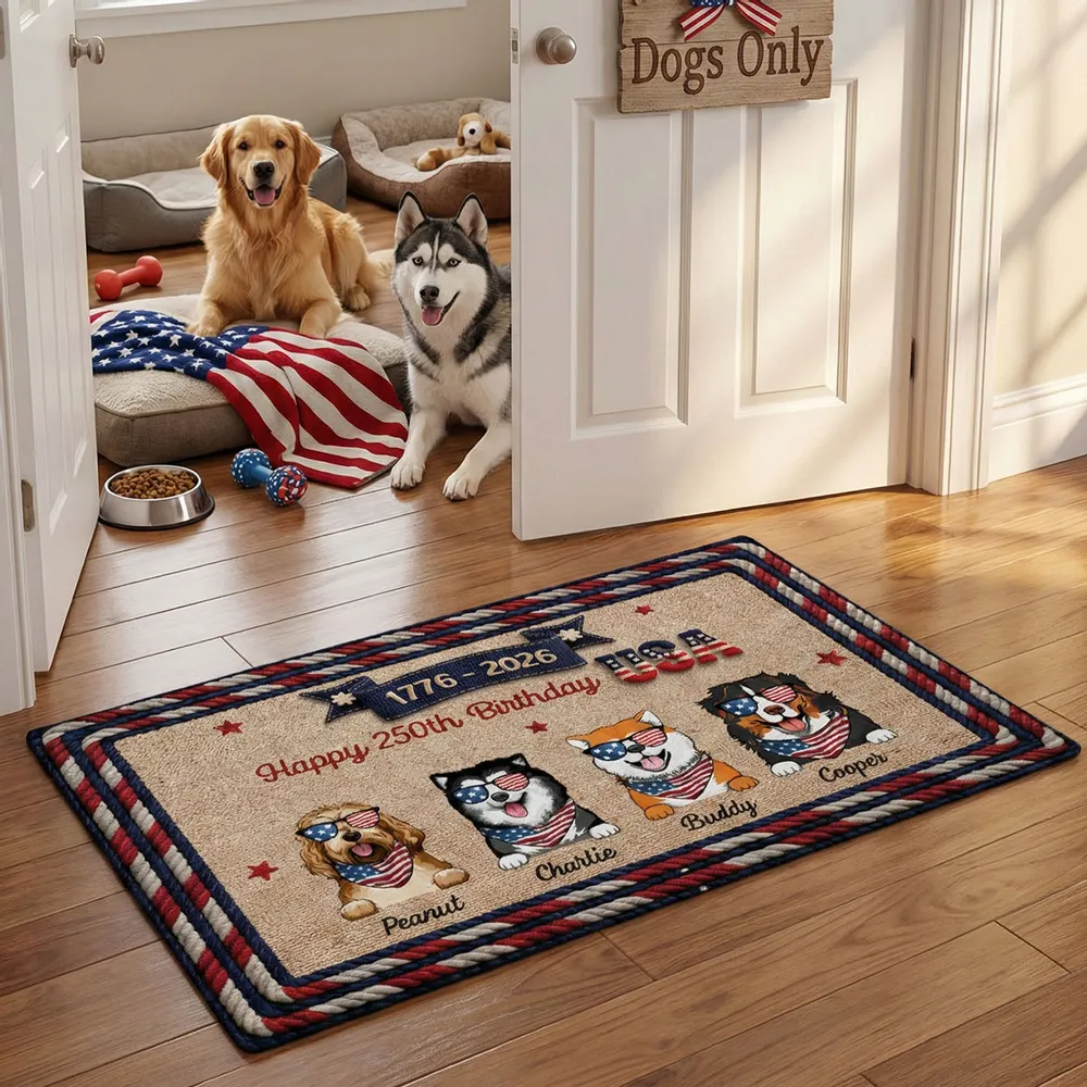USA 250th Birthday Patriotic Flag Dog Faux Yarn Pattern - Personalized Doormat - America 250th Anniversary Gift for Dog Lovers, Dog Mom, Dog Dad