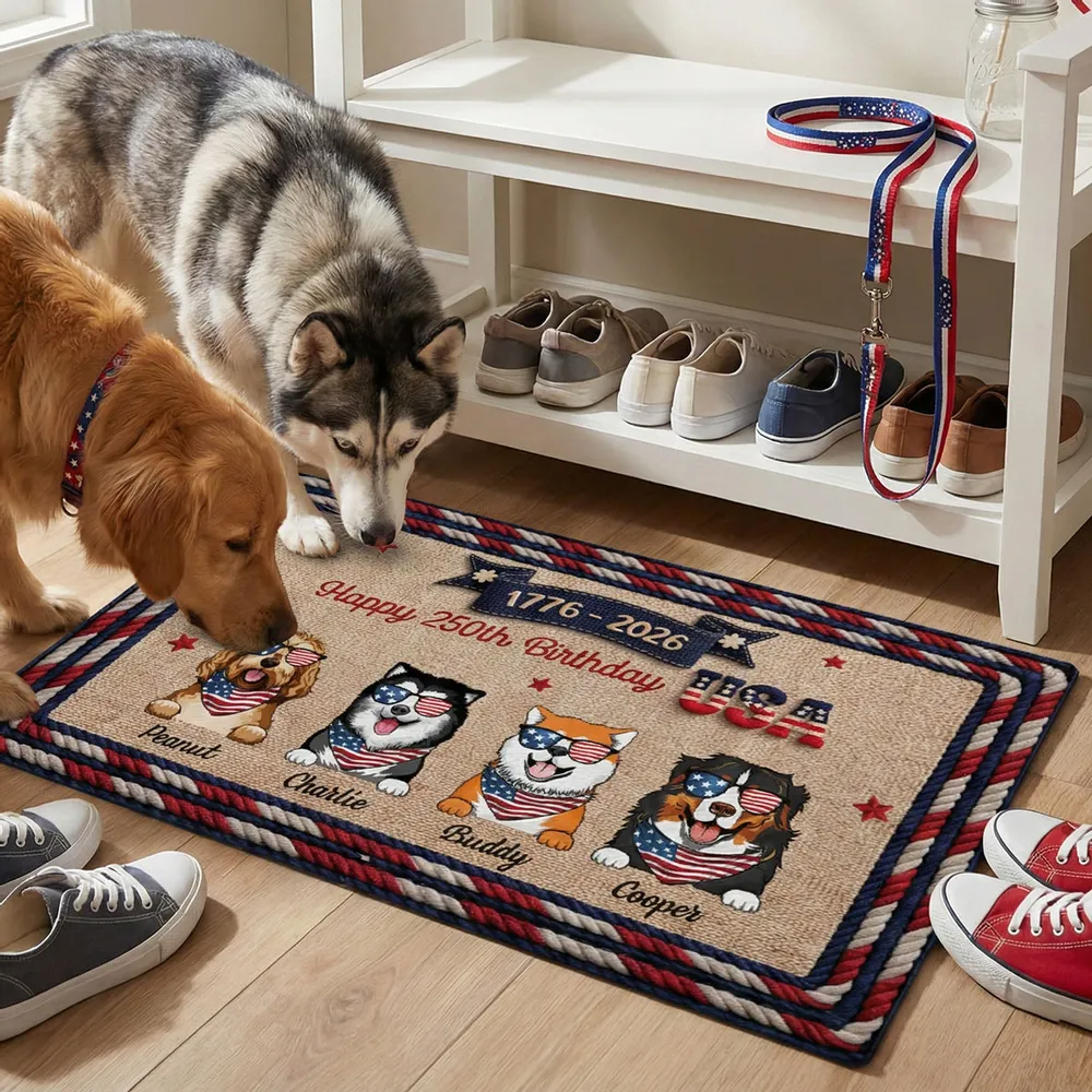 USA 250th Birthday Patriotic Flag Dog Faux Yarn Pattern - Personalized Doormat - America 250th Anniversary Gift for Dog Lovers, Dog Mom, Dog Dad