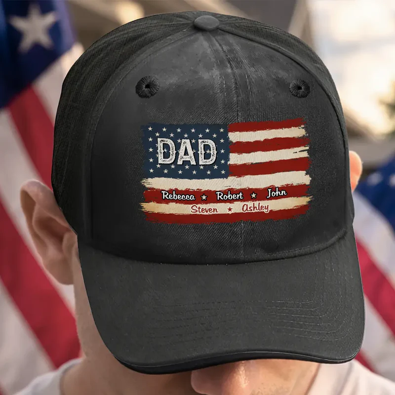 Stars & Stripes US Flag American Dad Grandpa - Personalized Custom Vintage Washed Denim Cap - Gift for Dad, Daddy, Papa, or Grandpa
