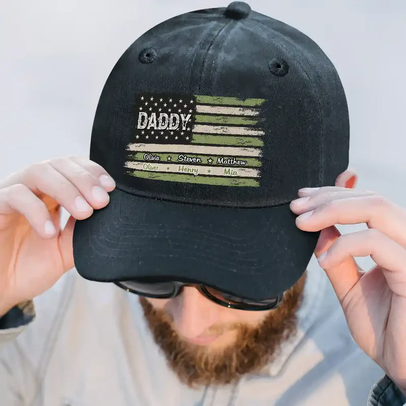 Stars & Stripes US Flag American Dad Grandpa - Personalized Custom Vintage Washed Denim Cap - Gift for Dad, Daddy, Papa, or Grandpa