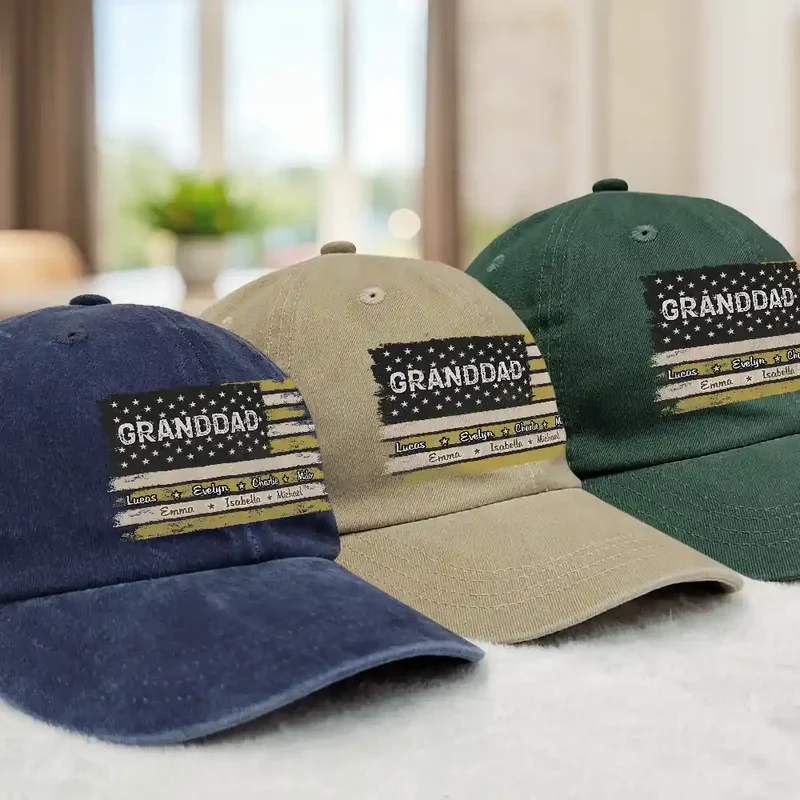 Stars & Stripes US Flag American Dad Grandpa - Personalized Custom Vintage Washed Denim Cap - Gift for Dad, Daddy, Papa, or Grandpa