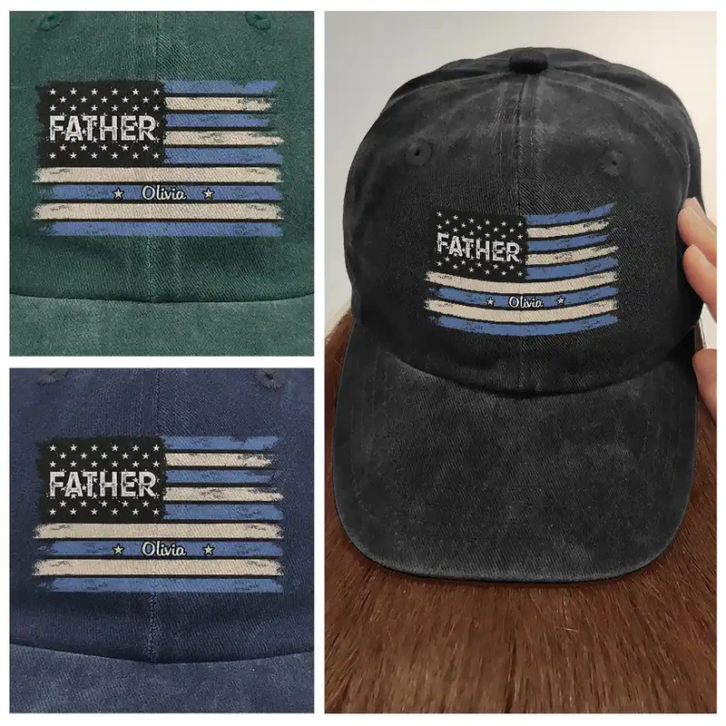 Stars & Stripes US Flag American Dad Grandpa - Personalized Custom Vintage Washed Denim Cap - Gift for Dad, Daddy, Papa, or Grandpa
