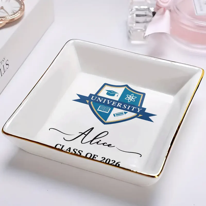 Custom Photo University Logo Graduation - Personalized Jewelry Dish - Graduation Motivation Gift For Her/Him, Daughter/Son, Grad Ceremony, Commencement