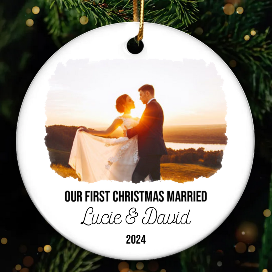 Custom Photo First Christmas Married personalized circle ceramic ornament, alternate view 2
