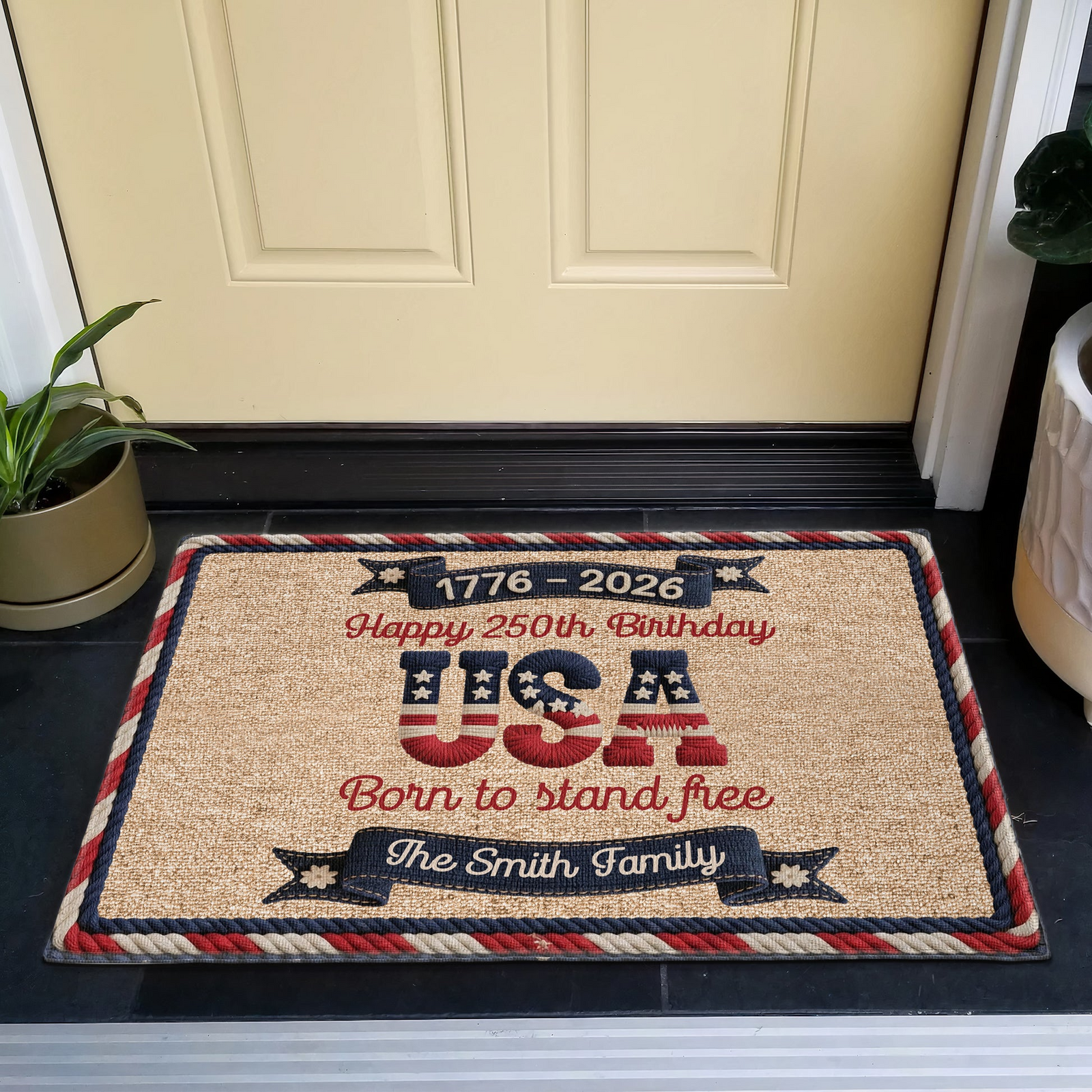 Family USA 250Th Birthday Faux Yarn Pattern - Personalized Doormat - America 250th Anniversary Gifts For Family, Mom, Dad, Brother, Sister