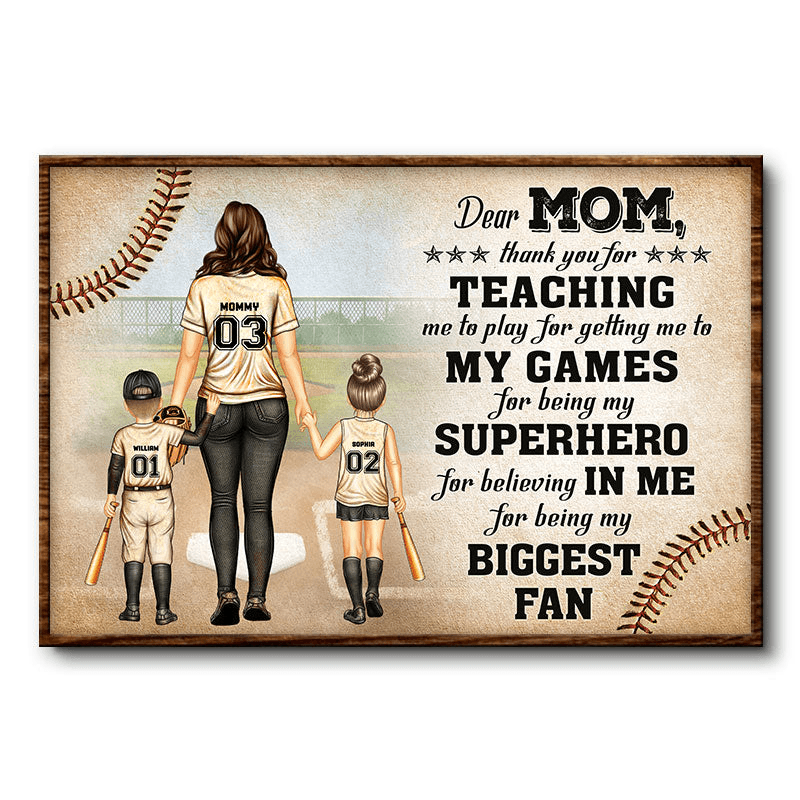 Personalized Baseball Dear Mom Thank You For Being My Biggest Fan poster, a woman hanging the framed print on a wall