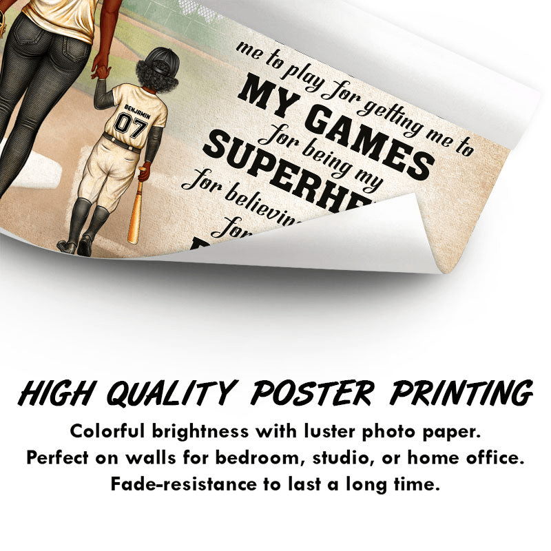 Personalized Baseball Dear Mom Thank You For Being My Biggest Fan poster, framed in a bright living room