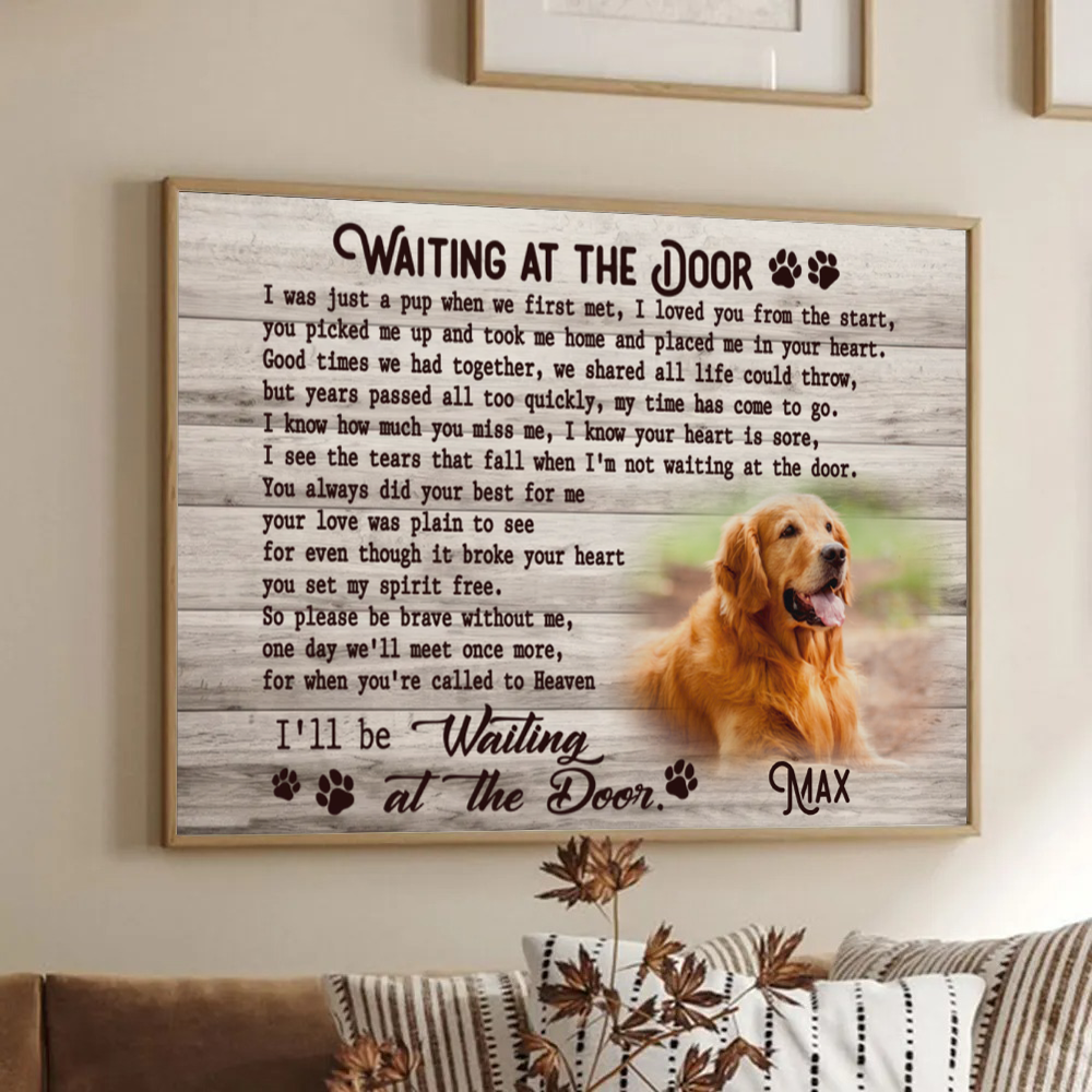 Custom Photo Memorial Pet Waiting At The Door - Personalized Horizontal Poster - Personalized Gifts for Pet Loss, Sympathy Gift for Cat, Dog Lovers