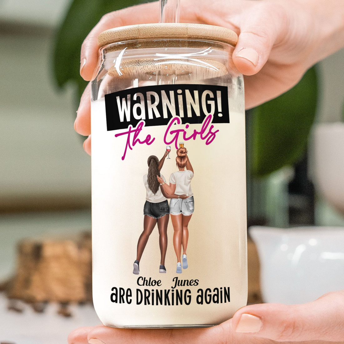 Personalized Warning The Girls Are Drinking Again clear glass cup, alternate view 2