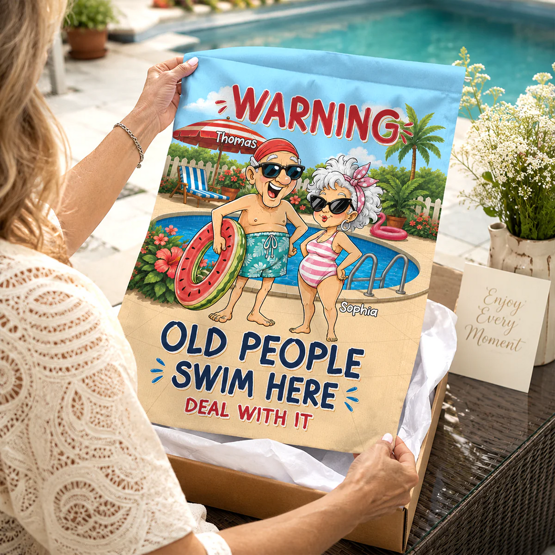 Warning Old People Swim Here Deal With It - Personalized Garden Flag - Gift For Old Couple, Grandma, Grandpa