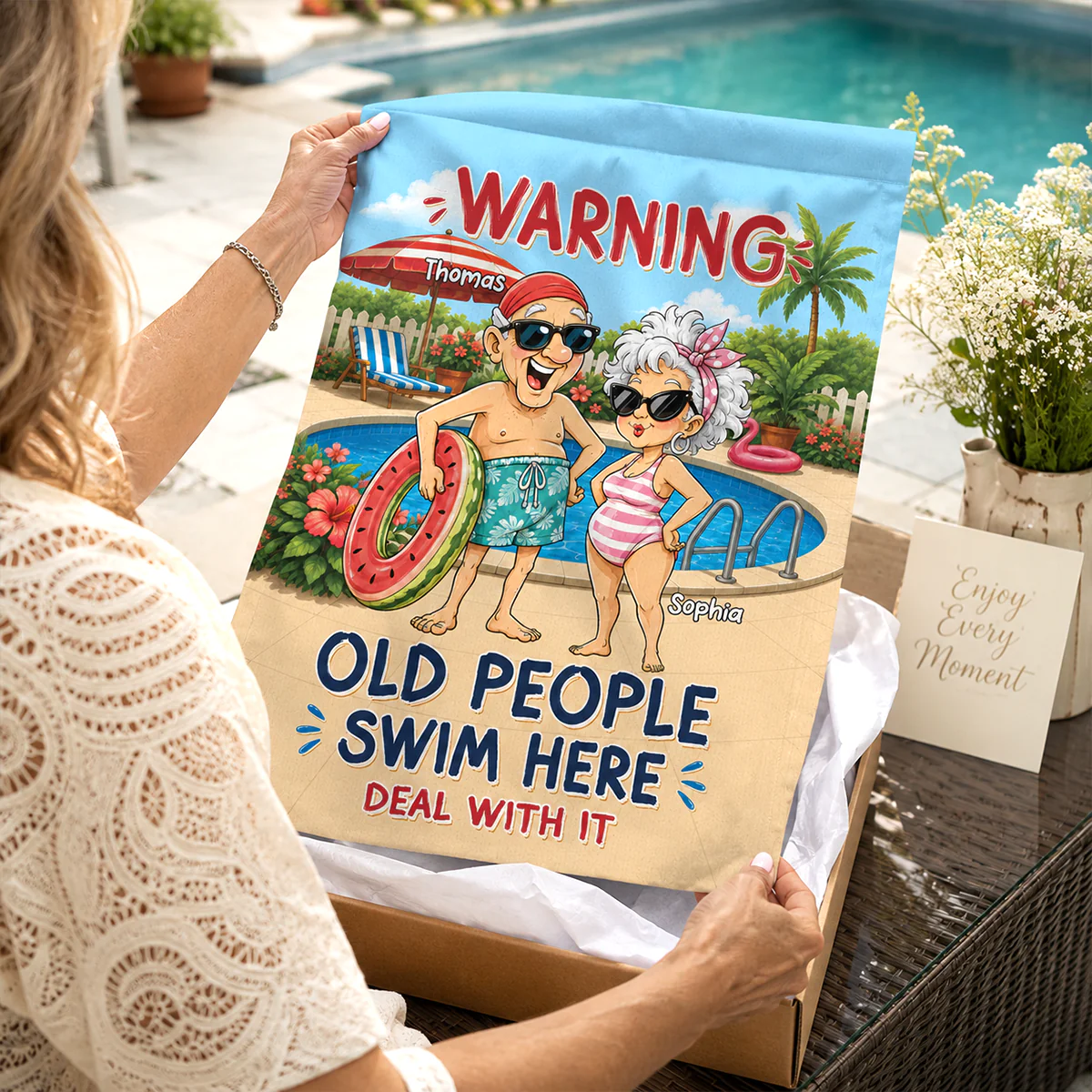 Warning Old People Swim Here Deal With It - Personalized Garden Flag - Gift For Old Couple, Grandma, Grandpa