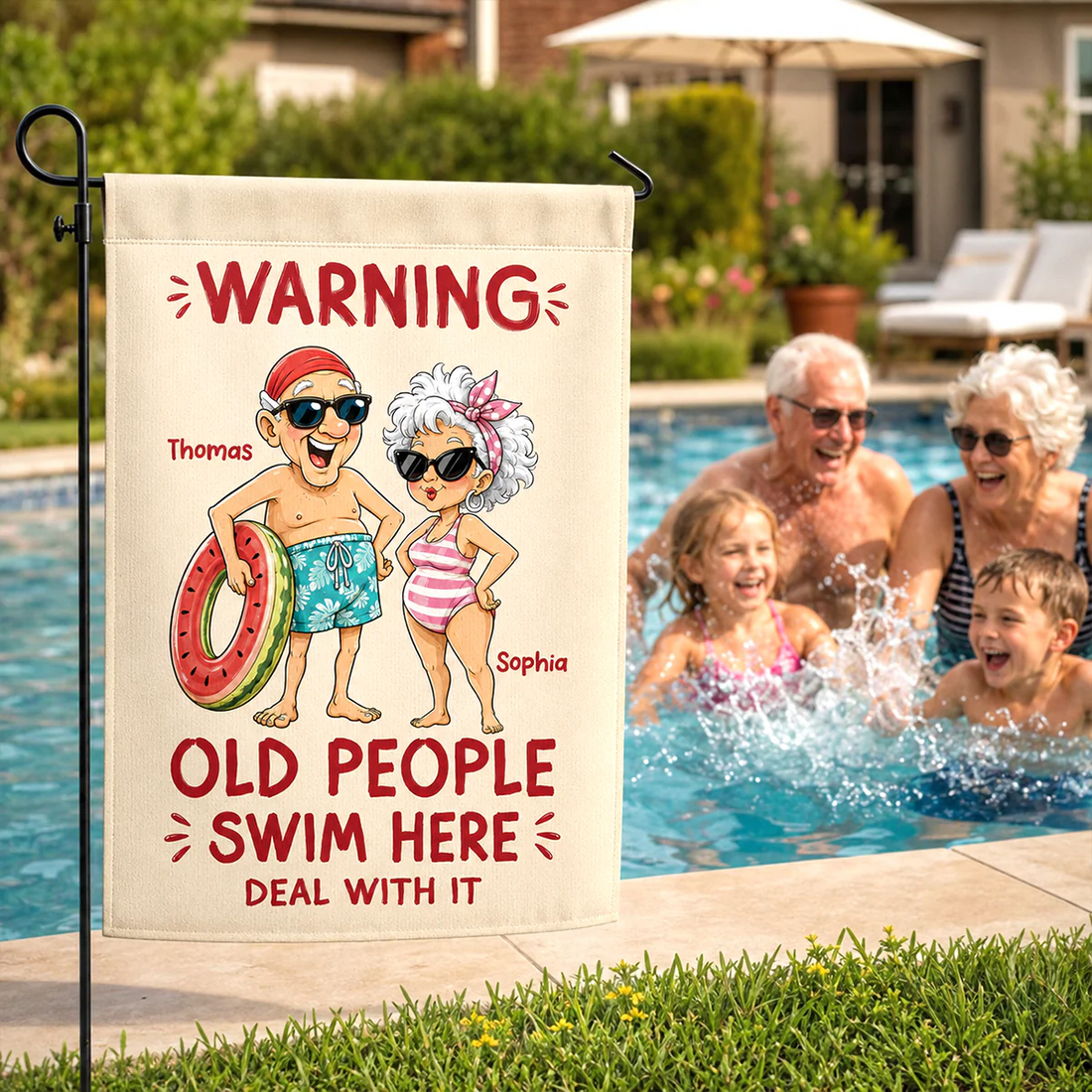 Warning Old People Swim Here Deal With It - Personalized Garden Flag - Gift For Old Couple, Grandma, Grandpa