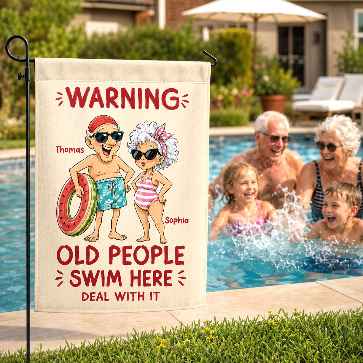 Warning Old People Swim Here Deal With It - Personalized Garden Flag - Gift For Old Couple, Grandma, Grandpa