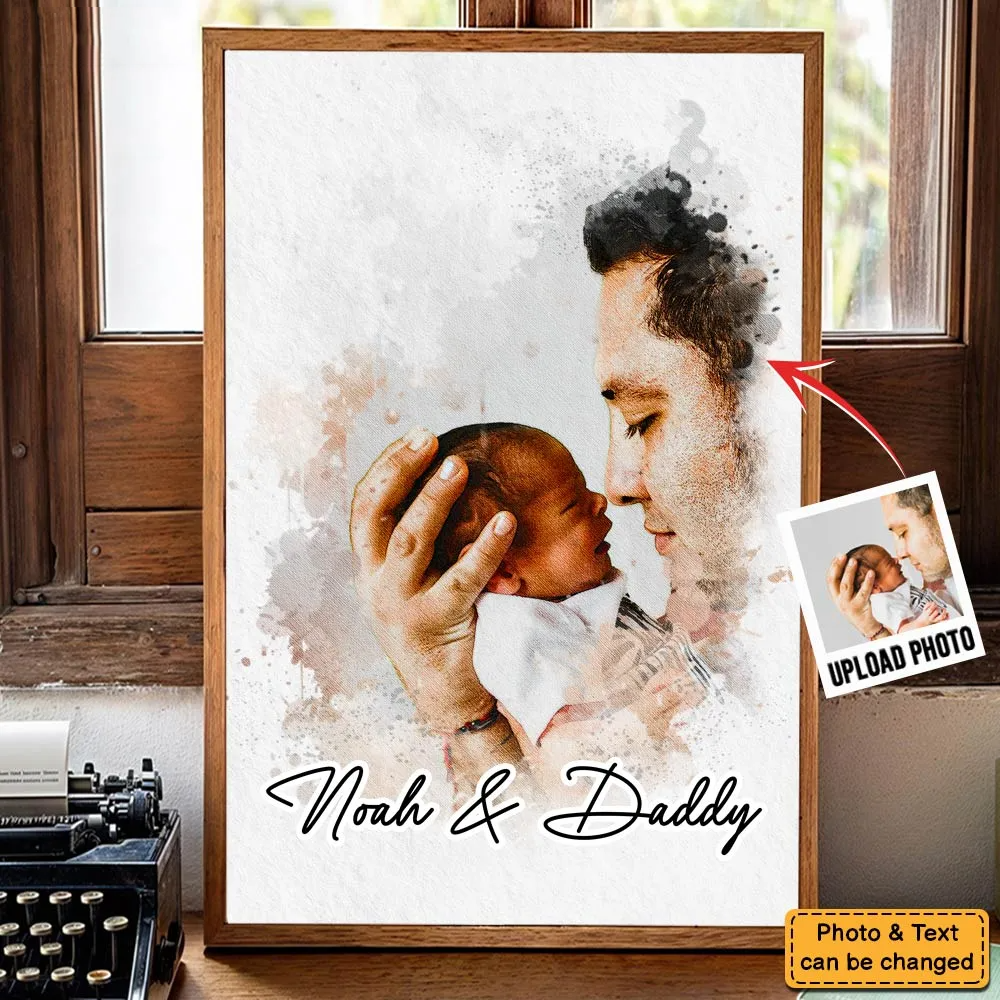 Custom Photo Watercolor Family poster, framed in a bright living room