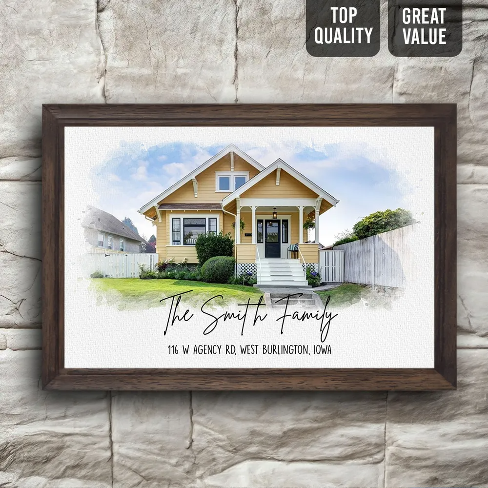 Personalized Custom Photo Watercolor House canvas print, size options shown on a sofa wall